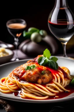 A picture of a chicken parmesan with a side of spaghetti and a glass of red wine.