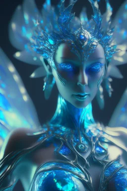 transparent olivine gemstone beauty queen Seraph, in blue fire chrome casino, high detail, 8k, cinematic, depth of field, art