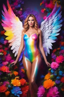 Gorgeous Realistic Photography Super Model European Beautiful Woman as Angel with clothing abstracts flowers luxury casual body latex dressing painting art neons rainbow colors glowing in the dark and colorful details, light leaks boleh colors,flowers background