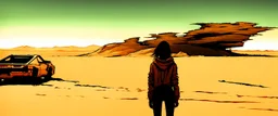 a grumpy cyberpunk girl standing in overdrive in the Mojave desert, side view, impasto, minimal, splash art, wide angle, centered, distant horizon, spacious scene, harsh contrasts, scattered tint leaks, sparse thick brushstrokes, glitch cracks, (zigzag destroy:1.8), warm colors of sand yellow, beige, orange and black