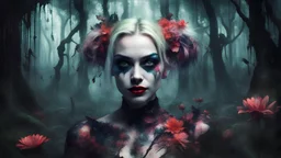 realistic portrait of harley quinn A mysterious forest where tress emit a natural luminesce, creating a surreal and enchanting atmosphere at nigth, double exposure, dark flowery swamp, glassmorphism, acid ground, ruins, floral fantasia, dark sci-fi, A gothic Art Deco biomechanical entity reminiscent of a punky, voodoo,
