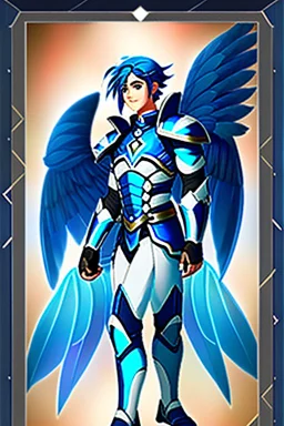 a human male with blue short hair and blue wings in an assymetrical armor with geometric patterns and a book in hand