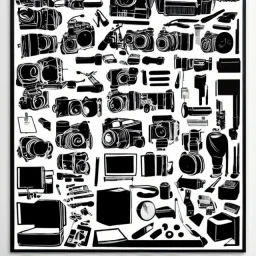 elements of photographic equipment. poster graphics. high detailed. ink and acrylic.