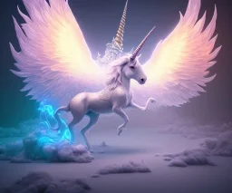 surreal illustration of a colors frozen ground, realistic, surrealism, surreal unicorn with glowing wings, glowing soft and smooth wings, shadow, abstract surreal fantasy art, highly detailed, intricate patterns on wings, soft studio lighting, smooth dark blue background 64k