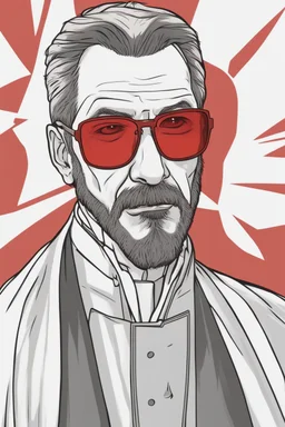 judgmental priest wearing red sunglasses who looks like Hans Gruber