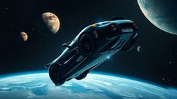 Expensive luxury sports car floating upside down in outer space. Planets, moons, stars, etc. Award-winning photograph, exquisite realism