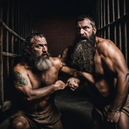 portrait photography of two burly bearded wet sweaty chubby gipsy prisoners fighting very close, 45 years old in dirty ripped broken shorts, long beard, fight in a dark prison, eye-to-eye, dirty, ugly, bullneck, muscular, manly chest, shirtless, misery and poverty, angry eyes, photorealistic, cinematic, ultradetailed, 32k, view from the ground