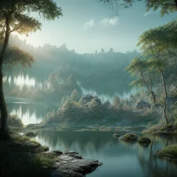 highly detailed, perfect lighting, lake landscape, magic forest, highly detailed, perfect composition, anime