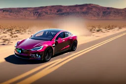 A Tesla 'Model S' is racing at top speed, in the Mojave Desert. (CINEMATIC, WIDE ANGLE LENS, PHOTO REAL)
