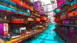 Water-level view of buildings made of reused dirty rusty metal next to futuristic canal junction, cyberpunk, many painted colours, flying boats, balconies, bridges, people, shopping, eating, walking, fifth element, ghost in the shell, altered carbon, Ian McQue, lineart and watercolour