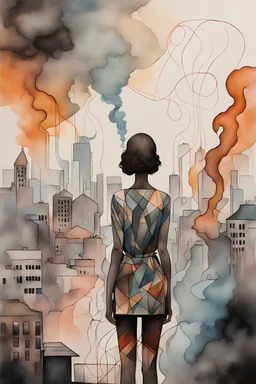 acrylic and watercolor and line tint painting of a sad young woman standing in front of a city entirely made of smoke, bronze - skinned, geometric curves, featured art, philosophical splashes of colors, art brought to life, soul shock