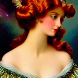 Young maggie rizer, meticulously detailed face, meticulously detailed multi-hued long red hair; ethereal fantasy. Maxfield Parrish. realistic oil painting. Victorian era, glitter, luminous color sparkles, old fashioned, vintage, antique, beautiful, renaissance, 16k