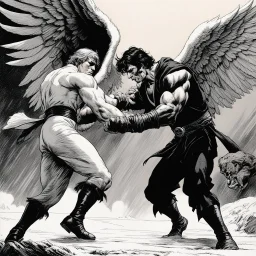 [comic book art by Sam Keith and Bernie Wrightson] Jacob wrestling with angel