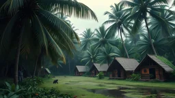 great apes, thick coconut trees and huts of fierce indigenous people in the foreground and humid environment