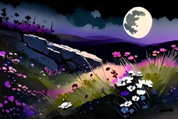 Landscape with night, mountains, flowers, rocks, watercolor paintings