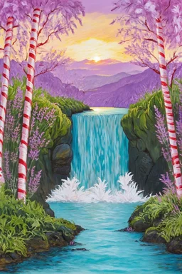 Lavender Sunrise over the turquoise waterfall by magic trees made with candy cane trunks with pastel cotton candy leaves; Van Gogh