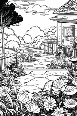 Outline art, sneak in the garden, cartoon style, black and white, low detail, --ar 9:11