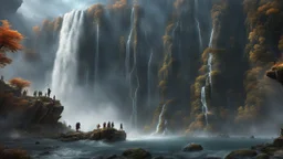 Ancient Zombies falling down a 3.000 feet high waterfall. fantasy setting, horror. exquisite realism, a masterpiece, fantasy concept art, dynamic lighting, hyperdetailed, intricately detailed, deep color, Unreal Engine, volumetric lighting, Epic cinematic brilliant stunning intricate meticulously detailed dramatic atmospheric maximalist digital matte painting