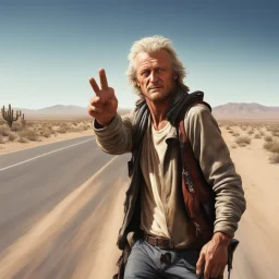 Hitchhiker on desert highway who looks like Rutger Hauer, thumb out, mid shot, photorealism, natural lighting, hyperrealistic,