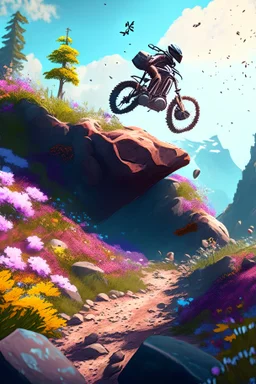 Biker jump on trail. Beautiful landcape, lots of stones, flowers, digital art style, 4k