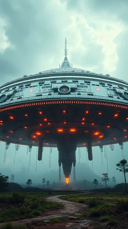 Unrealistic . Imaginative. Unique. Photorealistic. interpretations. Distinct . Natural beauty . Highly Symmetry. Highly Detailed. Intricate. Mystery. Puzzle. Illusion. Dystopian. Colossal. UFO mother spaceship on the ground