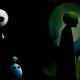 Style by Gabriel Pacheco and Joan Miro and Victor Pasmore, surreal abstract art, listen to the ground something going down, I get night fever, surreal masterpiece, sharp focus, smooth, green hues and blue tints, black - white color scheme, loosely based on the nightmare art of Zdzislaw Beksinski