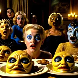 Movie shot, spooky, ultra realistic distress, giant blue eye, macabre ritual dining, mask, ultra realistic hot woman, pieces of meat silver organic dynamic anguish, excited and lively scene, hot women, hypermaximalist figures, creepy, Alfred Hitchcock, Sam Raimi, insanely detailed, sinister, ornate