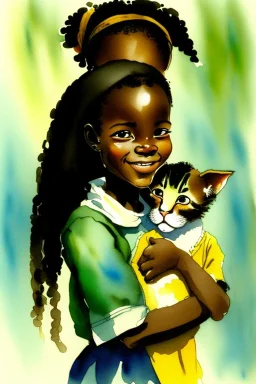 A cute smiling african girl is holding a kitten. Watercolour