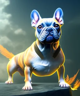 a detailed illustration of a french bulldog, phoenix bird wallpaper, luminescent body, full body, symmetrical body, realistic, glowing muscles, sharp focus, meticulously detailed, soft evening sky, 64k