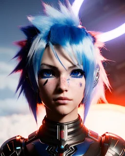 smirking Cyborg anime warrior, light blue hair, short and messy hairstyle, pierced ears, vivid blue eyes, waist up portrait, 8k resolution, intricate details, ornate details, soft lighting, vibrant colors, retroanime, masterpiece, intricate eyeliner, dark eyeshadow, eyes, intricate tattoos, futuristic cityscape background