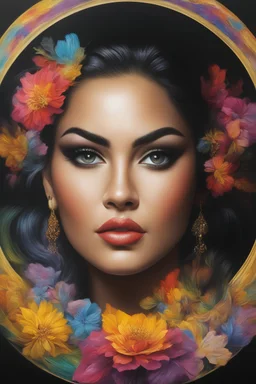 Veena Malik's face inside a small gold circle, multicolored, large, Floral/rainbow designs, atmospheric, beautiful, bright, vibrant colors, pitch-black background, oil painting by Boris Vallejo, 4k UHD, Photorealistic, professional quality