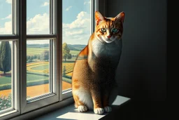 create a poetic 16:9 surreal image of a mandala cat sitting on a window ledge, its body semi-transparent, filled with overlapping layers of a post-impressionist Cézanne landscape and an impressionist Renoir garden. Geometric fields, curving trees and floral light melt together within the cat's form. The outside world and the cat's internal design fuse visually, blending painterly textures with ornamental detail --v 7 --style raw --ar 16:9
