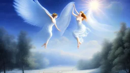 A majestic scene of angelic figures dancing gracefully in a heavenly landscape of snow and billowing clouds,in the Paradise Creation of Adam and Eve