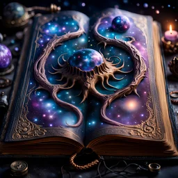 eldritch cosmic magic book,Dalle-3 x SDXL,DSLR camera Sony Alpha 7 50mm 1.8,medium shot,high-resolution image with fine details, extremely realistic, intricate, photorealistic, epic composition, masterpiece