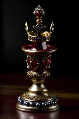 The main element is a stylized pestle (pilon), resembling the shape of a king's scepter or mace. Atop the pestle is a regal crown, indicating royalty and authority, adorned with intricate jewels and a prominent ruby in the center. Within the ruby sits the Puerto Rican symbol, perhaps a representation of the Puerto Rican flag or another iconic symbol. Flanking the pestle on either side are two tall palm trees, symbolizing the tropical environment of Puerto Rico. In the background, there's a seren