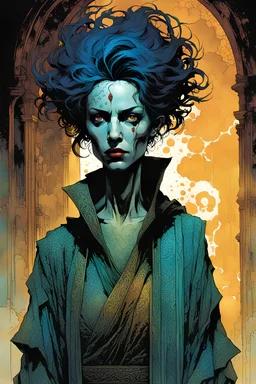create a wildly imaginative full body portrait of an ethereal, otherworldly , gnarled and emaciated ancient antediluvian female vampire sorceress with extremely short hair in ragged , decayed ornate robes , in the comic book art style of Bill Sienkiewicz, Mike Mignola, and Jean Giraud Moebius, with highly detailed feminine facial features , finely drawn, colored and inked,