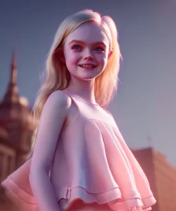 Elle fanning toddler, full body, city background, hot couture, dramatic lighting