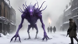 TALL NASTY ALIEN CREATURE HALF creature half machine WITH AN ELECTRONIC PURPLE EYE, ATTACKING A ww1 BRITISH SOLDIER, snowy london street 1898, the snow, SNOW ON THE GROUND, BURNING DEBRI LIES ALL AROUND, PHOTO REALISTIC, EPIC, CINEMATIC