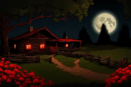 Dry trees, night, full moon, cabin, yard with red flowers, fence, background pc