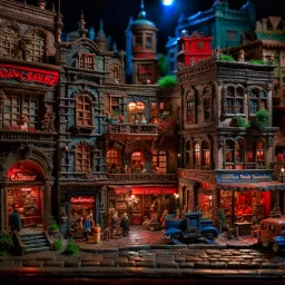 Diorama of old street, sharp focus, 8k, 3d, very detailed, volumetric light, grim, fine art, very colorful, ornate, 35mm, F/2.8, insanely detailed and intricate, hypermaximalist, super detailed, decadent