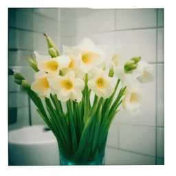 Freesias in the bathroom, polaroid
