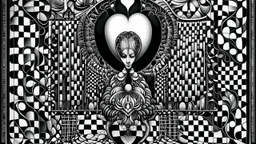 Human body containing symmetrical grid patterns, psychedelic frame melting an eyeball merging into a love heart dripping from Coogi pattern frame, dream ripple dimension, fluorescent geometric clouds, dense jungle merging into the ground, black and white checkerboard patterns by Maurits Cornelis Escher