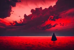 A dark sihlouette of a person floating among the beautiful haunting blood-red clouds