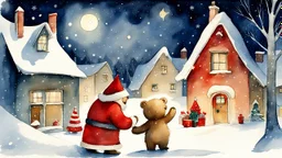 (one) merry little teddy bear Santa Claus ((giving presents )) to teddy bear ((cubs)) in a snowy winter town in the night, 1963, watercolor, (style of Gabriel Pacheco:1.3), semi-side view, magic winter vibe