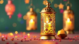 Colorgul lantern with candle, lamp with arabic decoration, colorful stars. Concept for islamic celebration day ramadan kareem or eid al fitr adha. 3d rendering