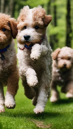 extreme close up photography of two cute puppy lagotto romagnolo happy dogs in a wood , running looking for truffles , in Tuscany Italy , photorealistic, backlight, 35mm lens