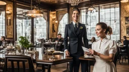 lady waiter in a restaurant and a man and his lady at a table