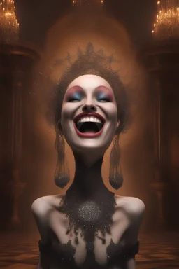 Head and shoulders image, Laughing hysterically, A Fantastical Heavy Metal Rock and Roll Comedy in 3D - Once upon time there lived a tiny, thin, slender, little woman named Gratebeg Giantittyz, a voluptuous beauty, wearing a skinsuit, inspired by all the works of art in the world, Absolute Reality, Reality engine, Realistic stock photo 1080p, 32k UHD, Hyper realistic, photorealistic, well-shaped, perfect figure, perfect face, a multicolored, watercolor stained, wall in the background,