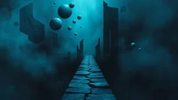 passage over nothingness, surreal, dark and cold abstract artwork dominated by deep blue, icy cyan, charcoal black and muted steel-grey tones. An narrow passageway emerges from an abstract distorted weird landscape, surrounded by thick fog and drifting mist. The space feels nightmare, alien and unsettling, with floating circles and balls geometric forms, fragmented architecture, perspective. At the center of the composition cracked stone way over abyss