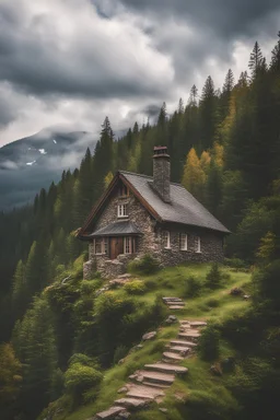 A beautiful cottage with a chimney and partly cloudy and cloudy weather on top of a forested mountain